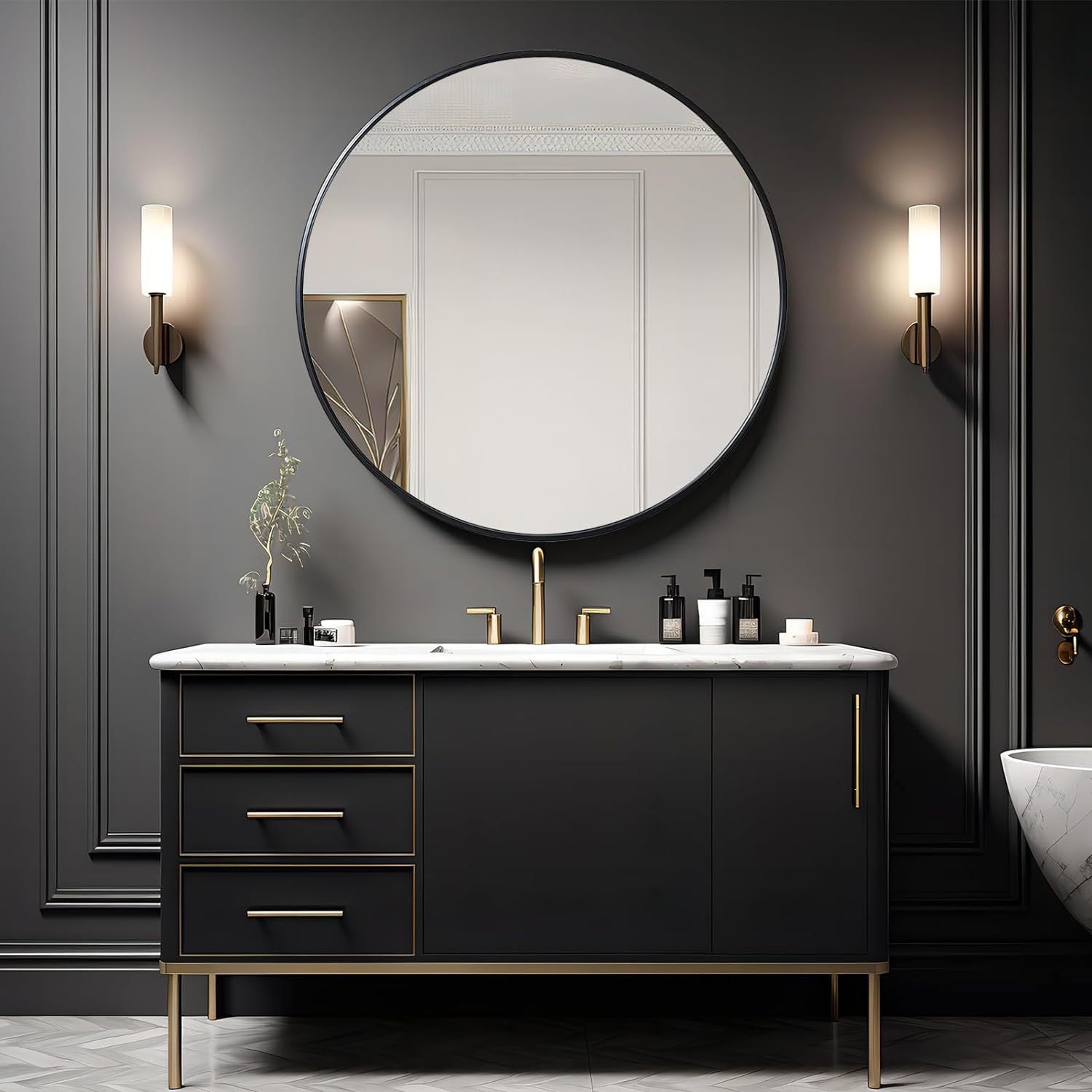 39 Inch Black Metal Framed Round Bathrrom Mirror for Wall