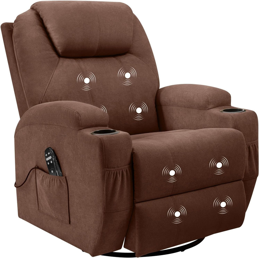Brown Massage Swivel Recliner Rocking Chair Cup Holders