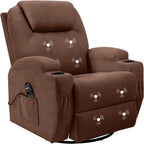 Brown Massage Swivel Recliner Rocking Chair Cup Holders