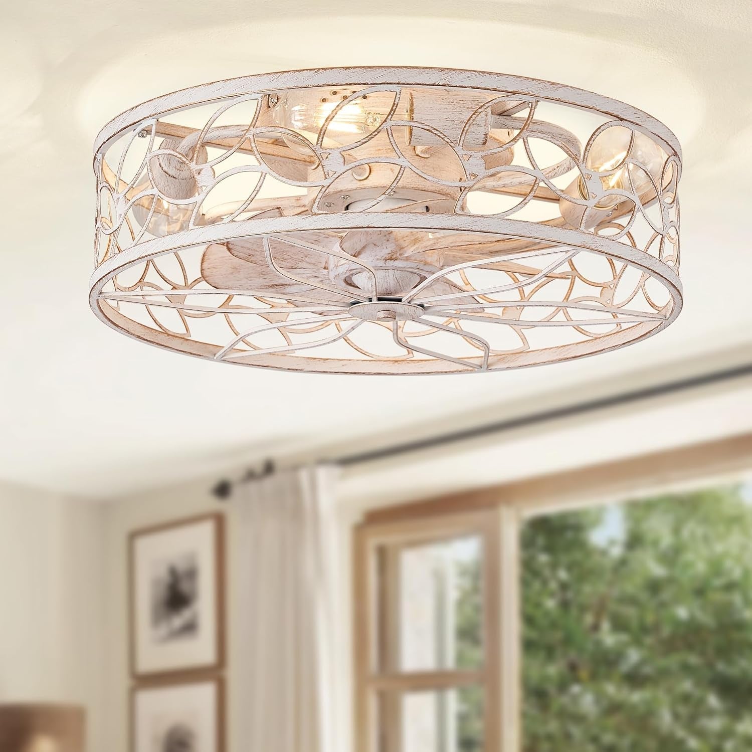 White And Gold Caged Ceiling Fan With Remote Light Fixture