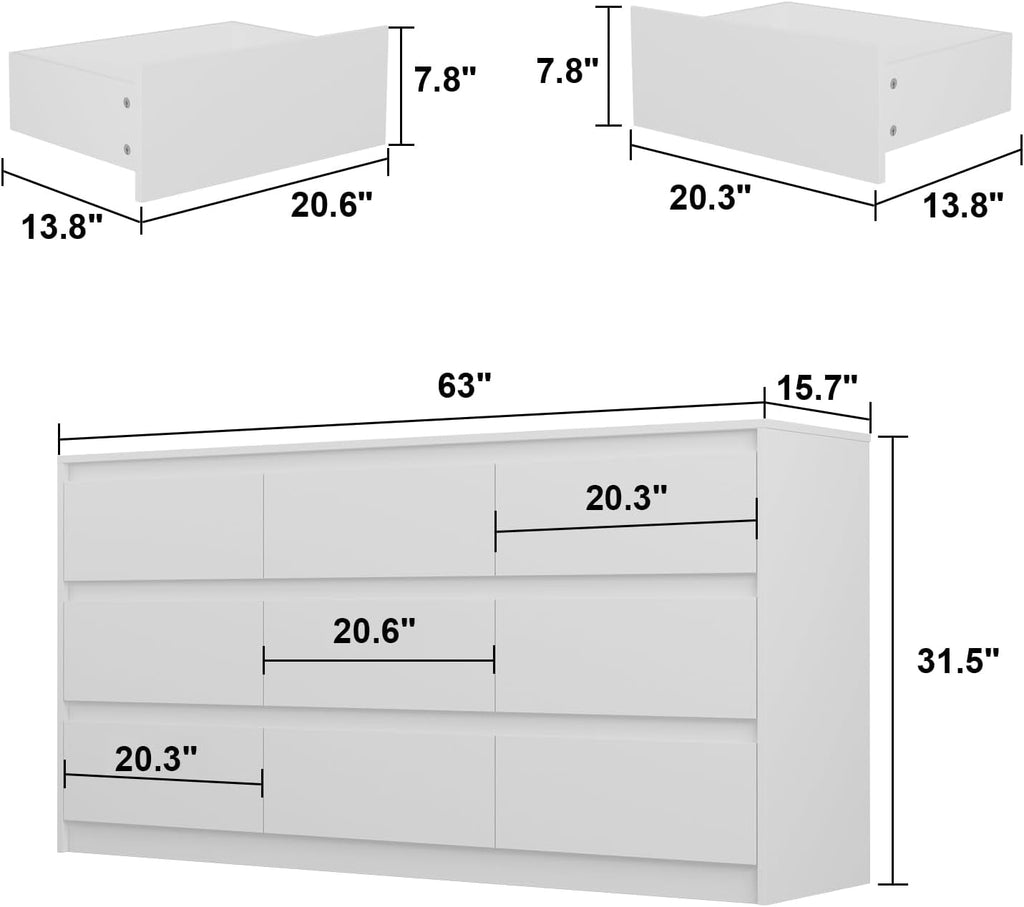 9 Drawer White Dresser For Bedroom Storage Eco Friendly Wood Finish