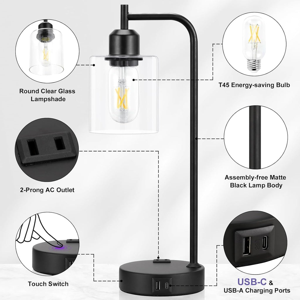 Industrial Touch Table Lamps Bundle – Set of 2, 3-Way Dimmable with USB
