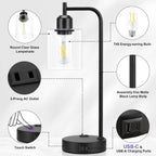 Industrial Touch Table Lamps Bundle – Set of 2, 3-Way Dimmable with USB