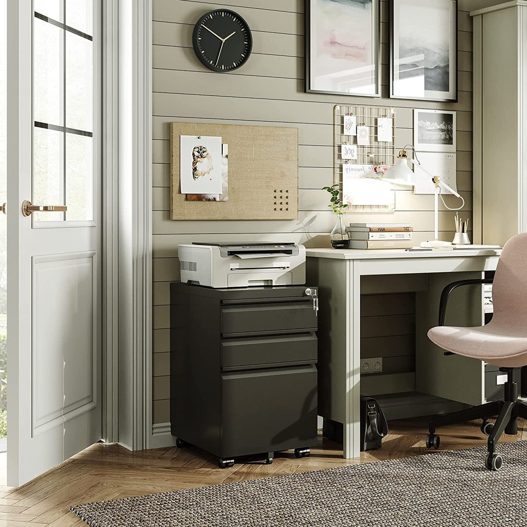 Compact Black Mobile Filing Cabinet Lockable With Drawers