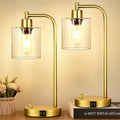 Set of 2 Gold Industrial Table Lamps – Dimmable With Dual USB Ports
