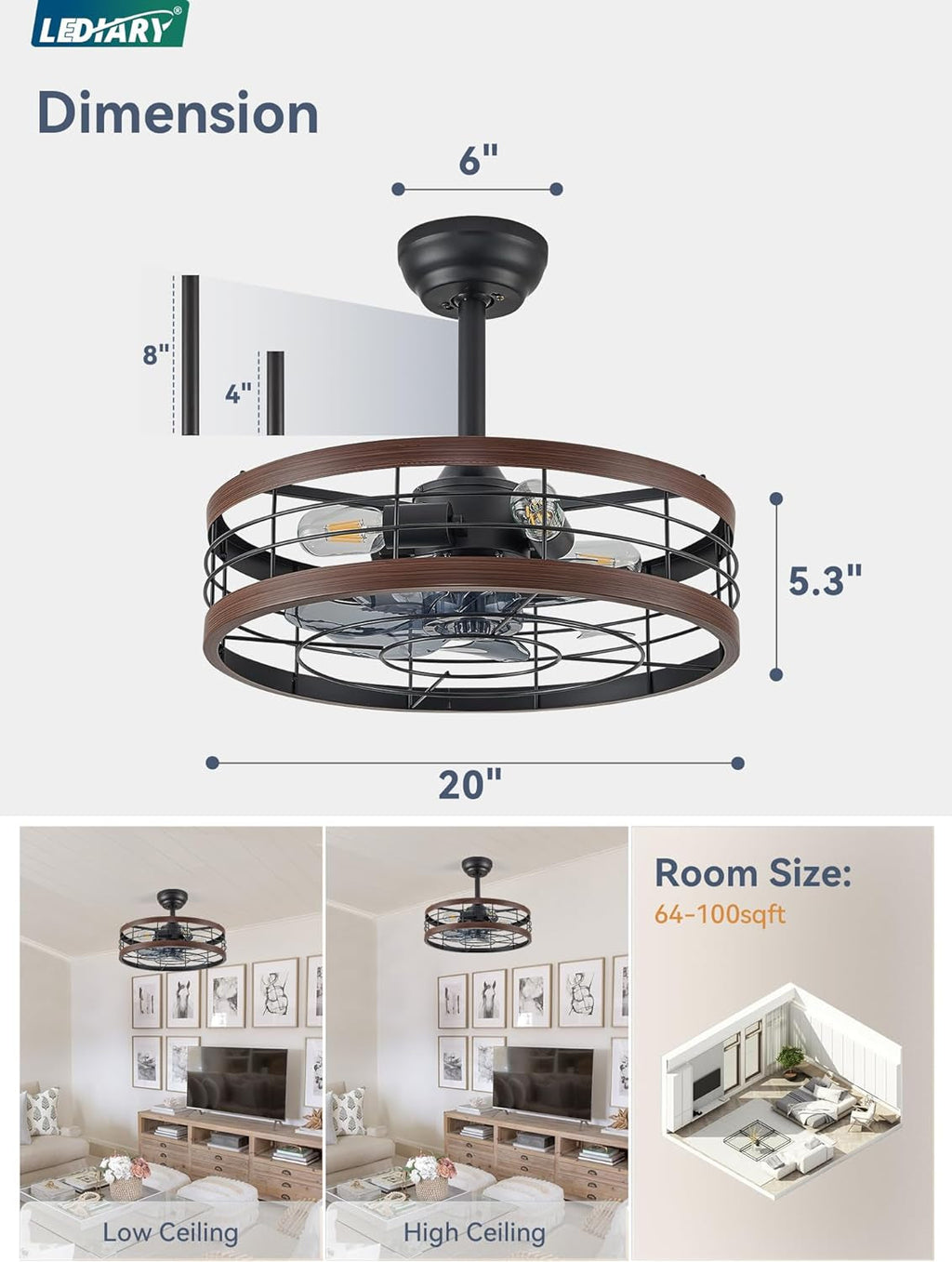 20 Inch Walnut Caged Fandelier Ceiling Fan With Light And Remote