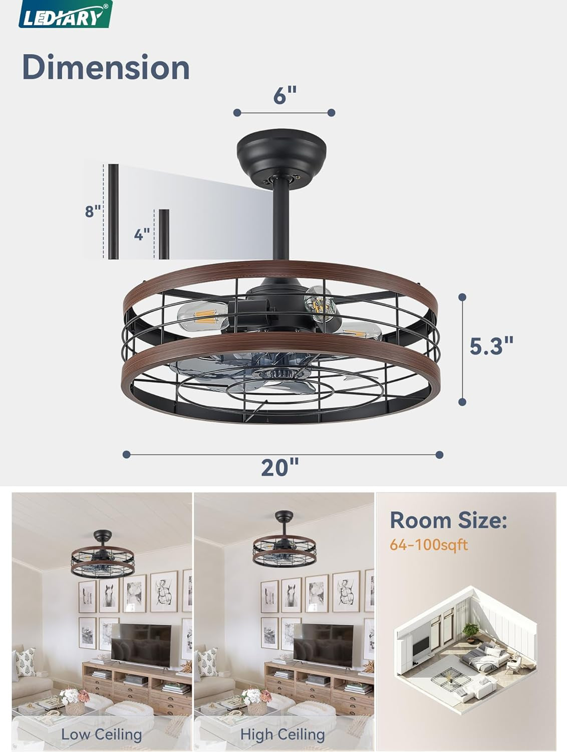 20 Inch Walnut Caged Fandelier Ceiling Fan With Light And Remote