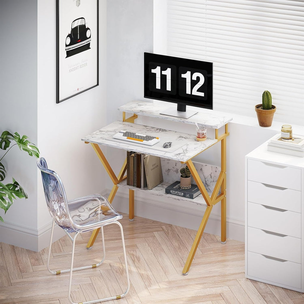 27.5 Inch Computer Desk With Monitor Stand And Storage White Marble