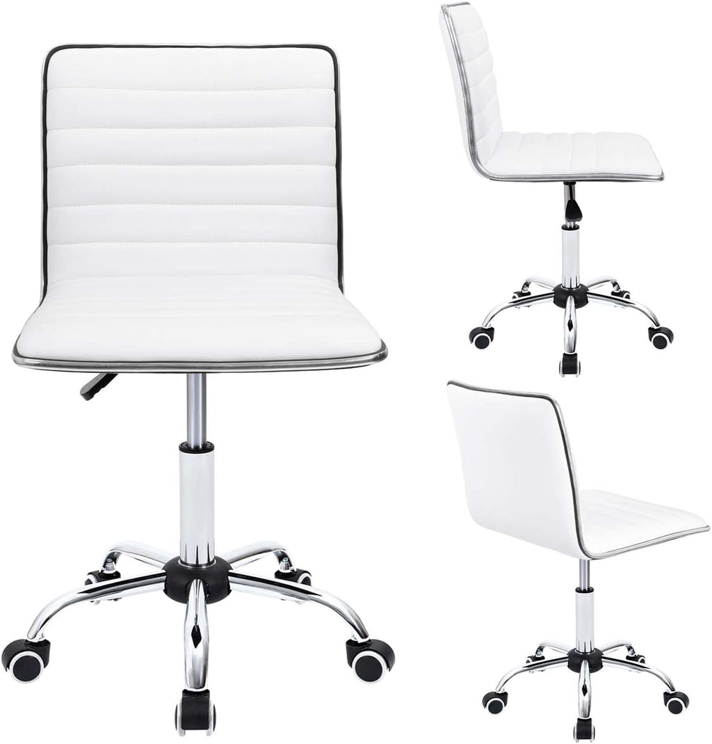 White PU Leather Vanity Chair — Mid Back Swivel Office Chair