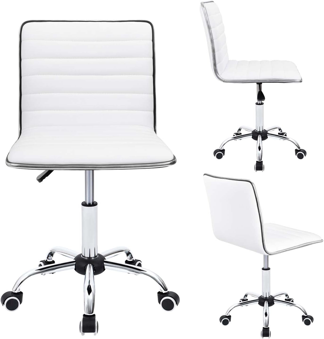White PU Leather Vanity Chair — Mid Back Swivel Office Chair