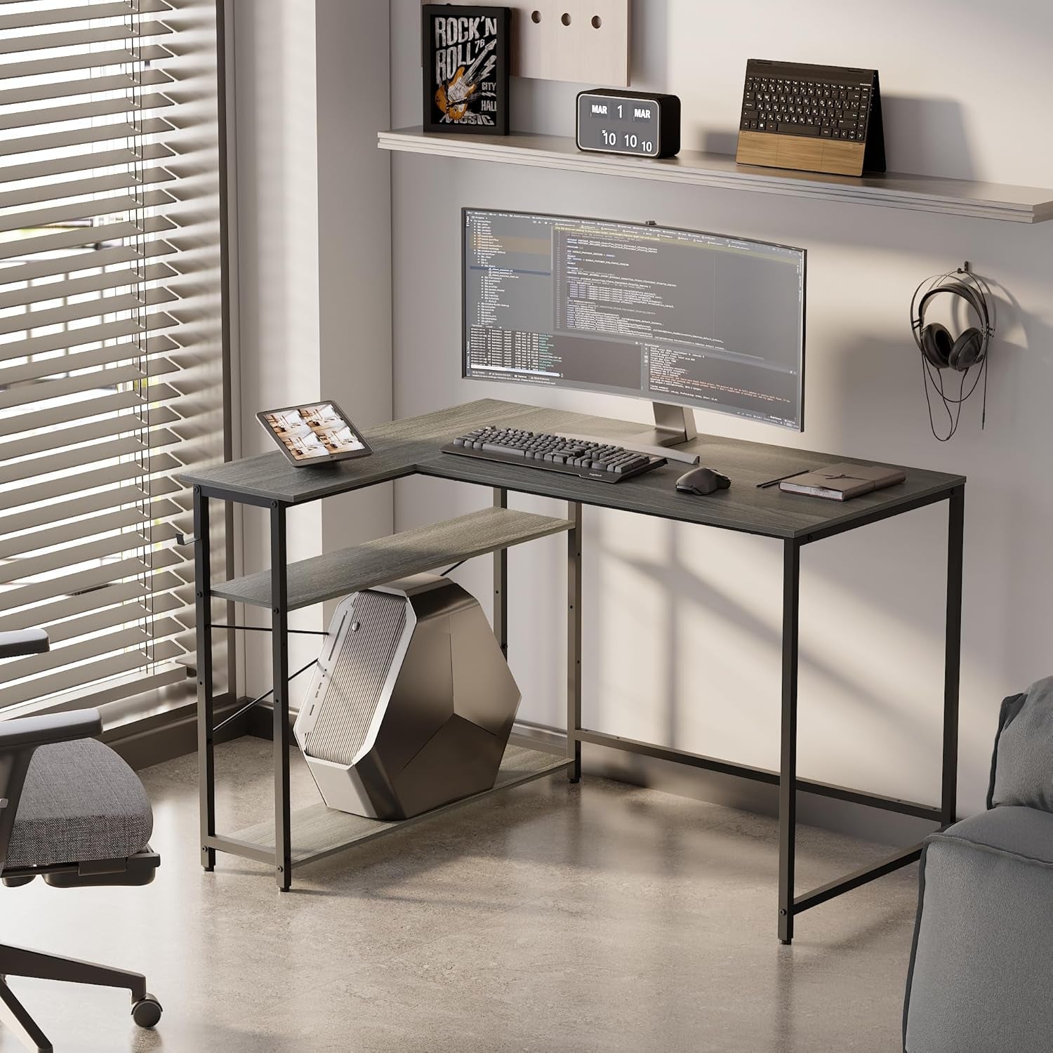43 Inch L Shaped Desk With Reversible Shelves Espresso Gray