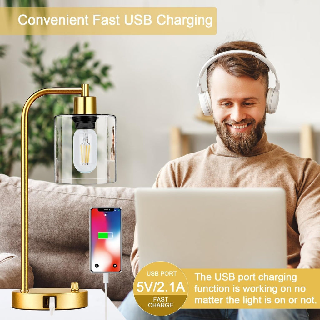 Set of 2 Gold Industrial Table Lamps – Dimmable With Dual USB Ports