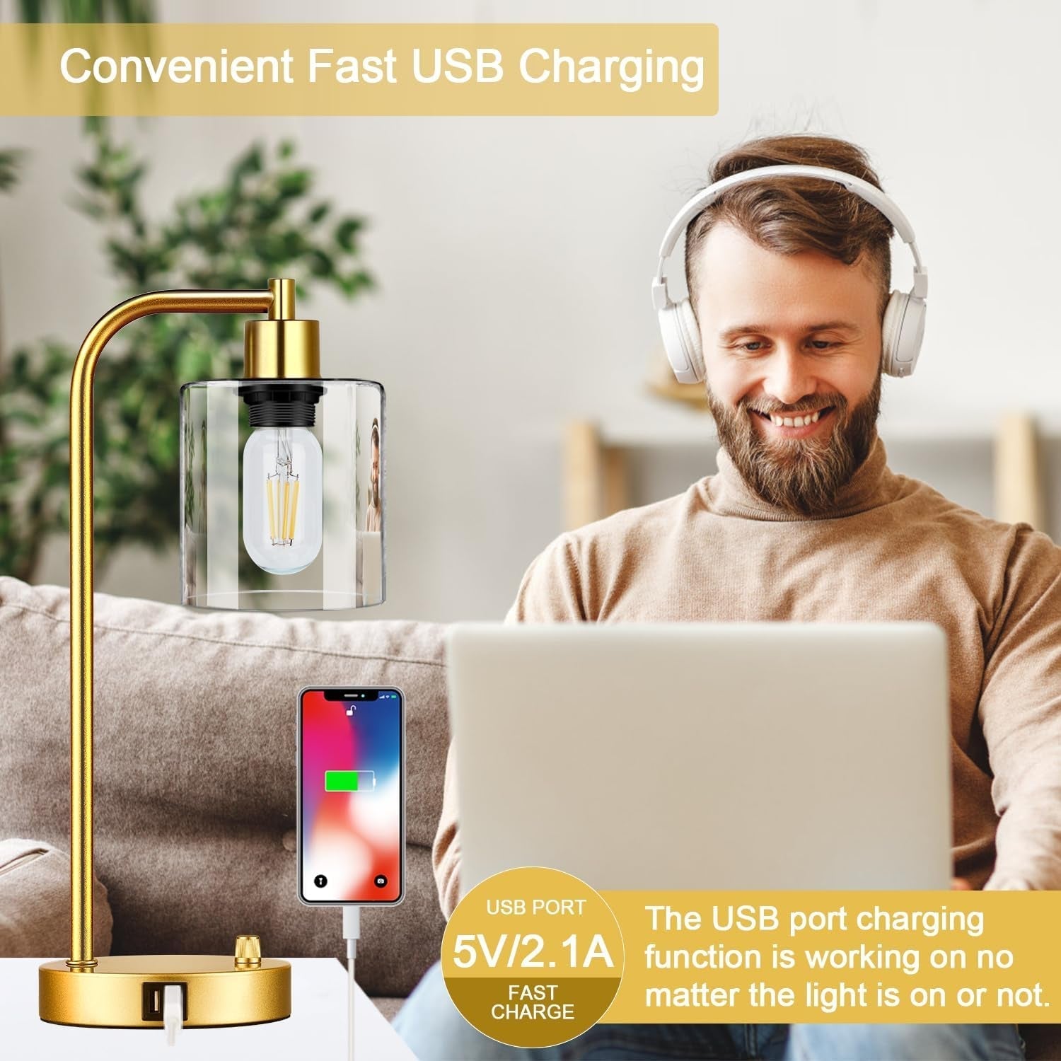Set of 2 Gold Industrial Table Lamps – Dimmable With Dual USB Ports