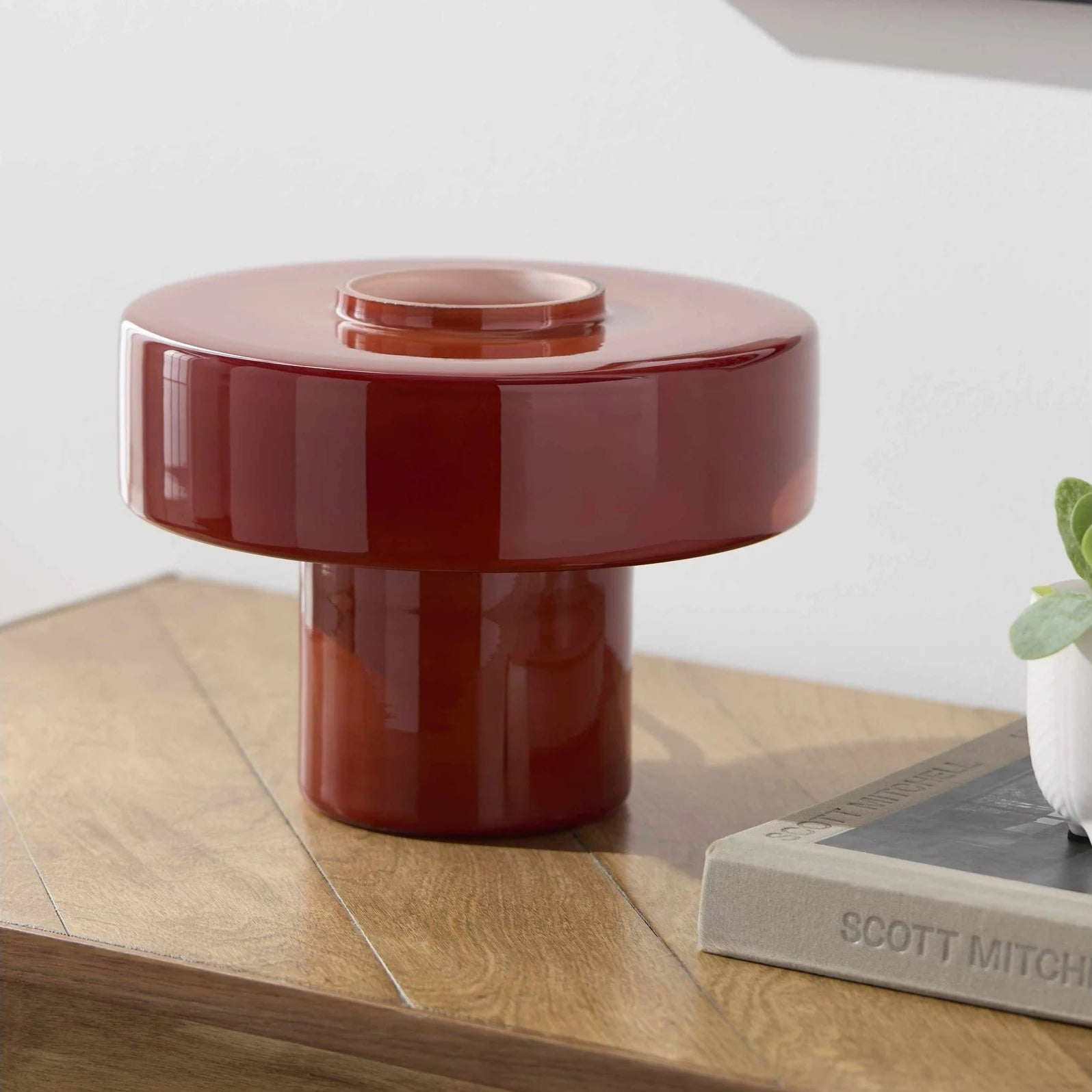 Contemporary Geometric Glass Bedside Table Lamp for Bedroom Nightstand - Modern End Side Lighting for Living Room Dark Red Brown
