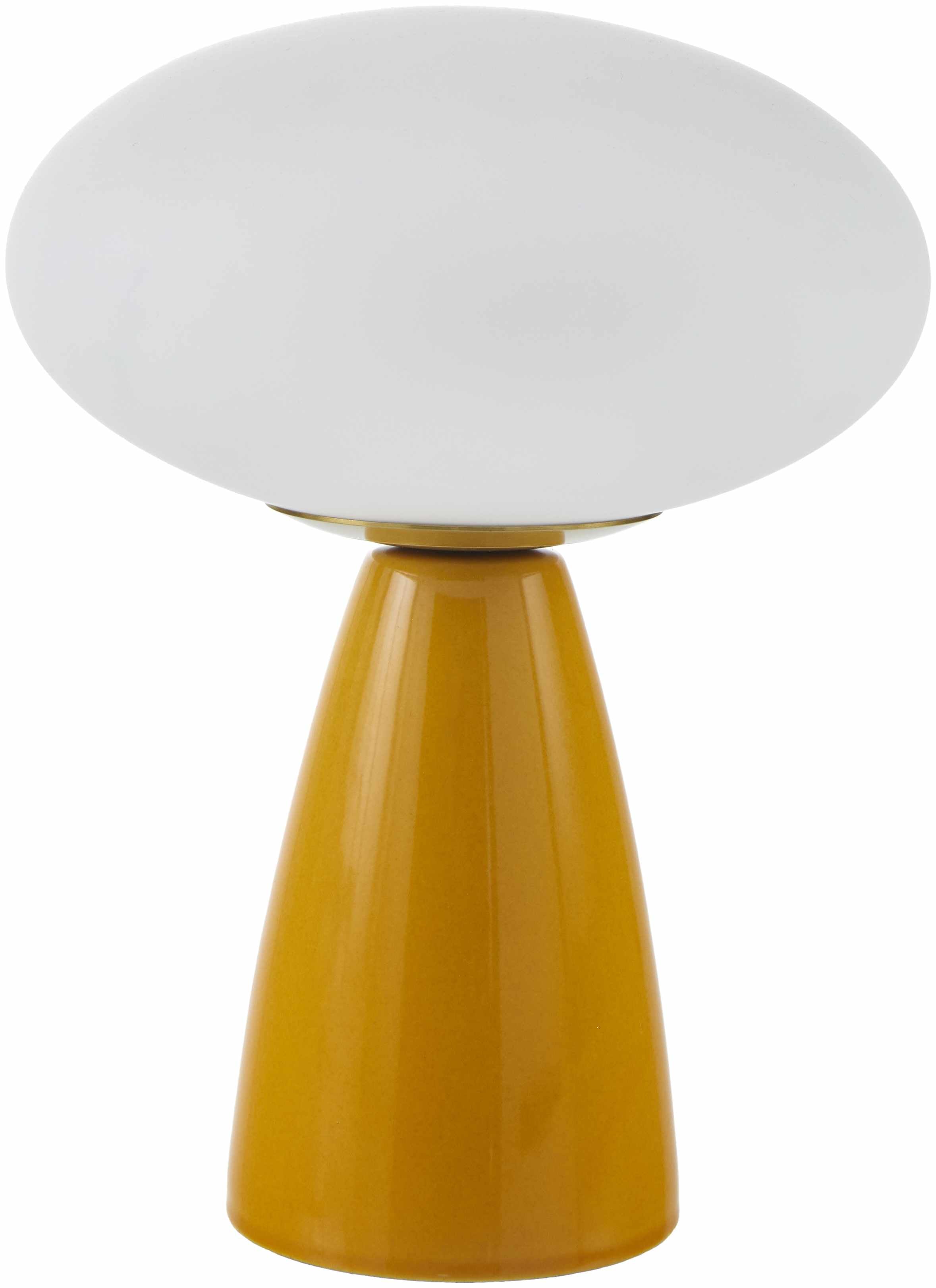 Contemporary Table lamp with white shade and mustard yellow base on a white background