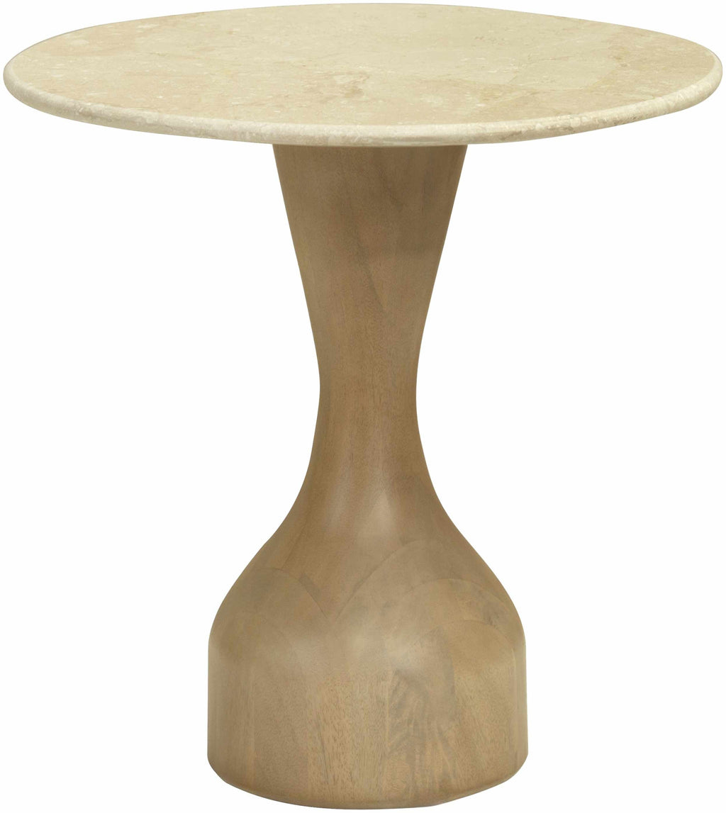 Contemporary minimalist side table with natural mango wood base and marble top modern end table