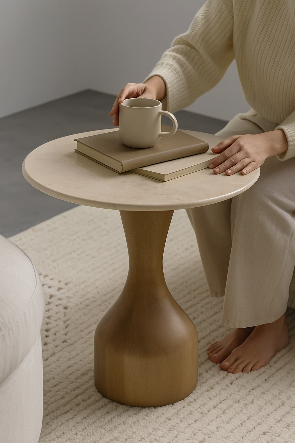 Person sitting on a couch with a small round table holding a mug and books, in a cozy indoor setting on a contemporary minimalist side table with natural mango wood base and marble top modern end table marble.