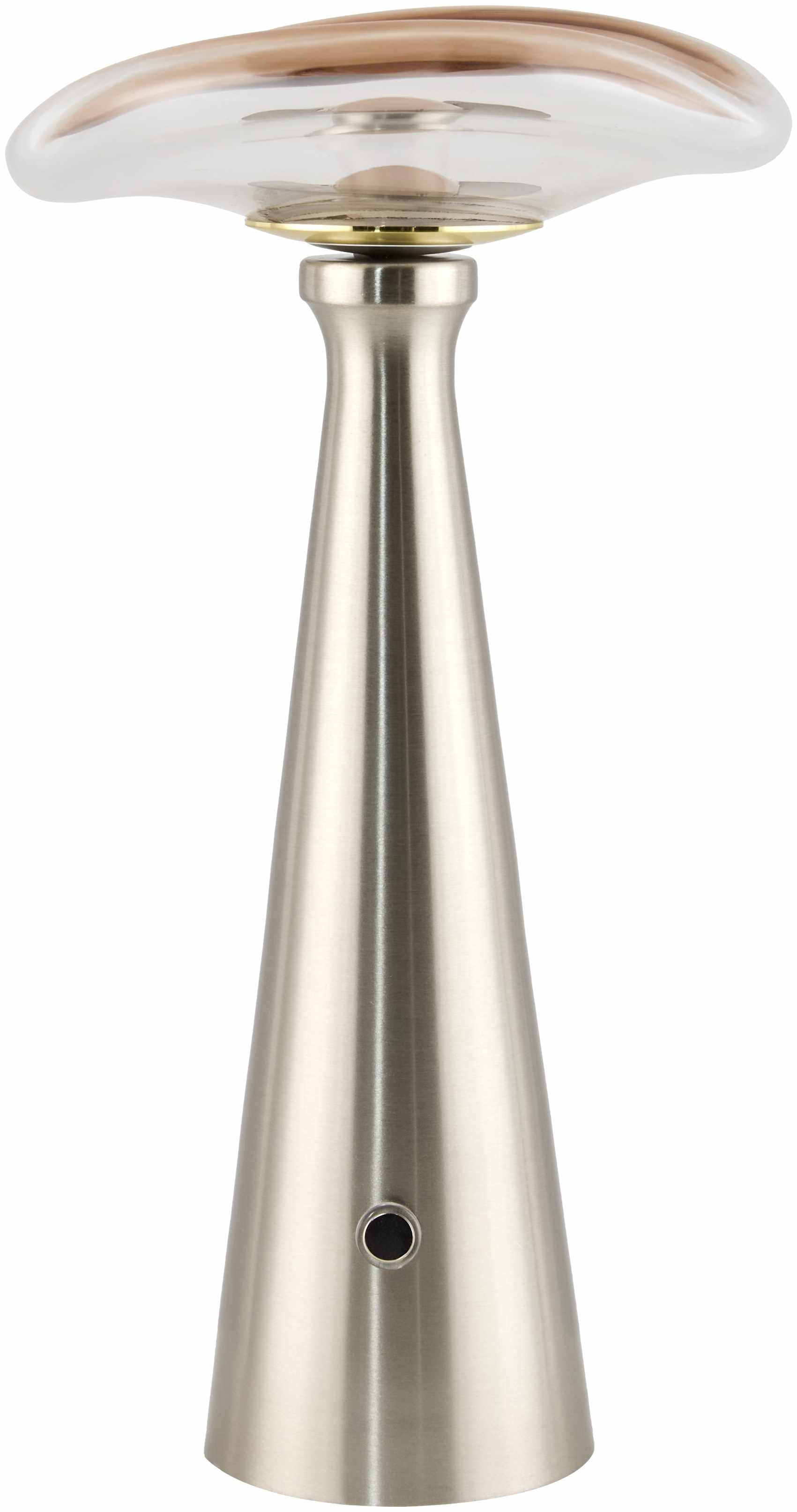 Contemporary table lamp with smoky charcoal glass shade on a white background