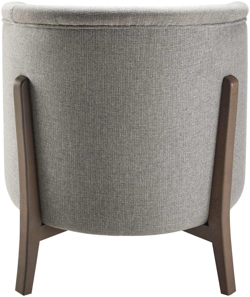 Gray upholstered armchair with wooden legs on a white background