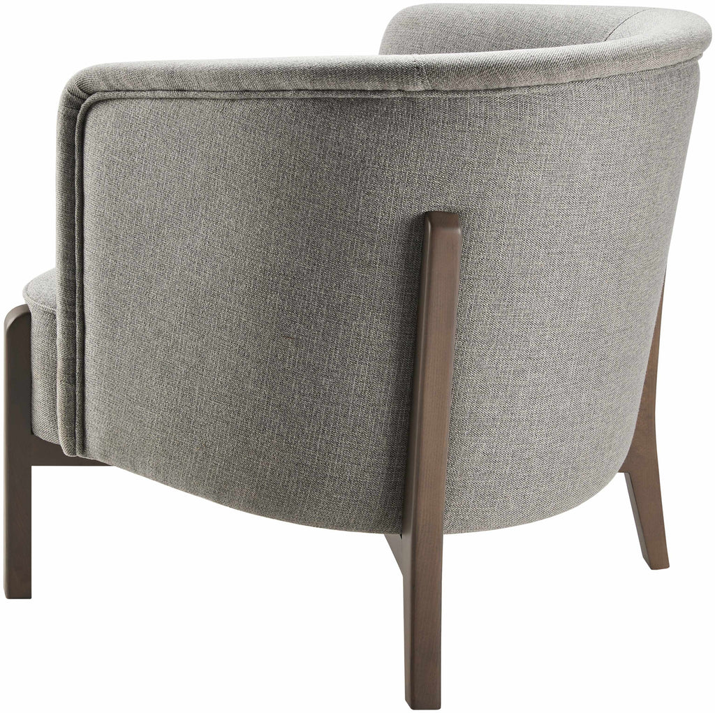 Gray upholstered armchair with wooden legs on a white background