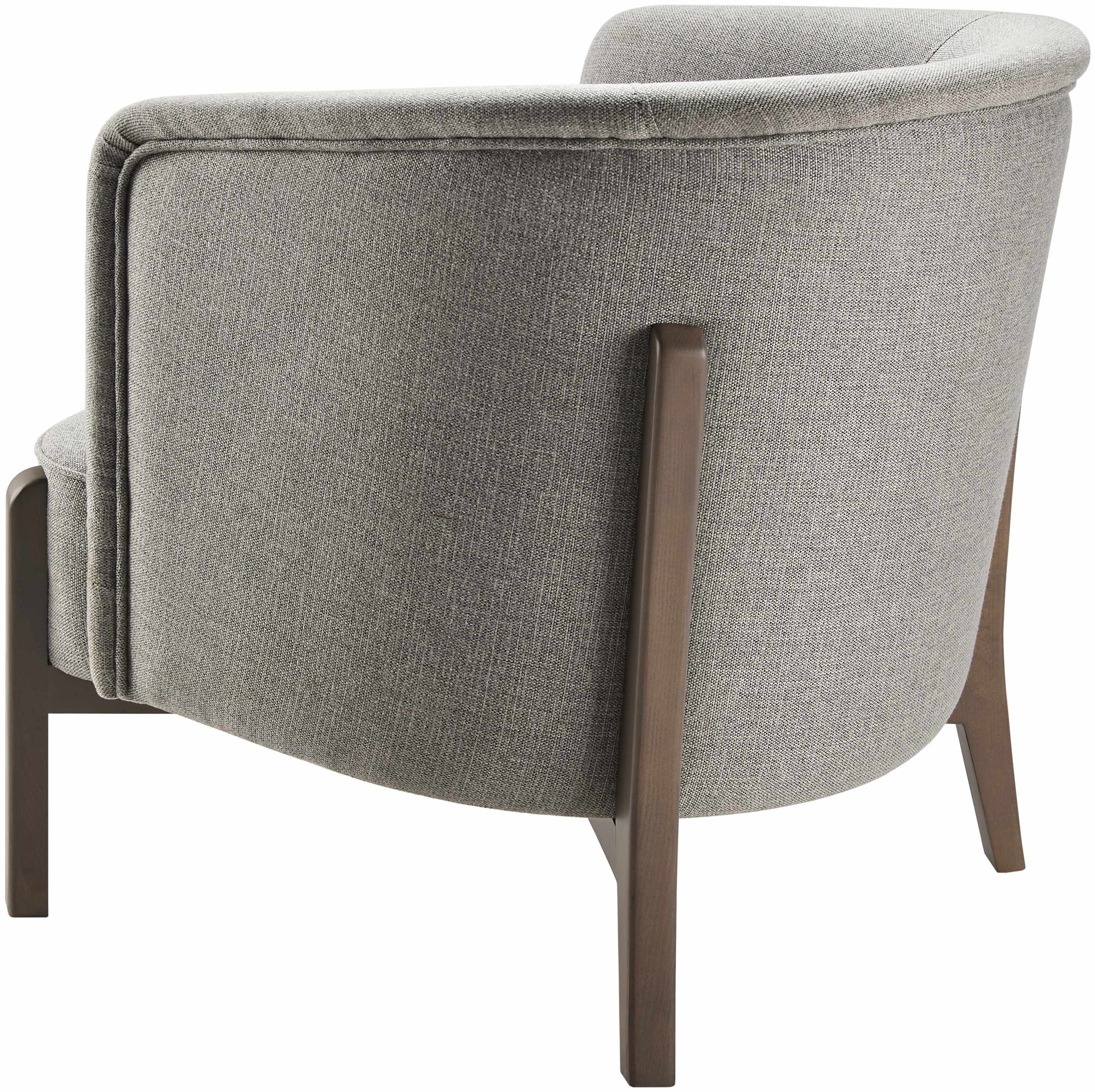 Gray upholstered armchair with wooden legs on a white background
