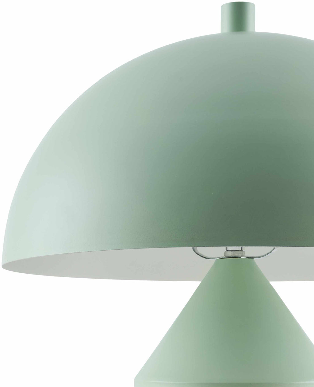Green metal shade table lamp with E-26 bulb socket on a white background close-up detailed look