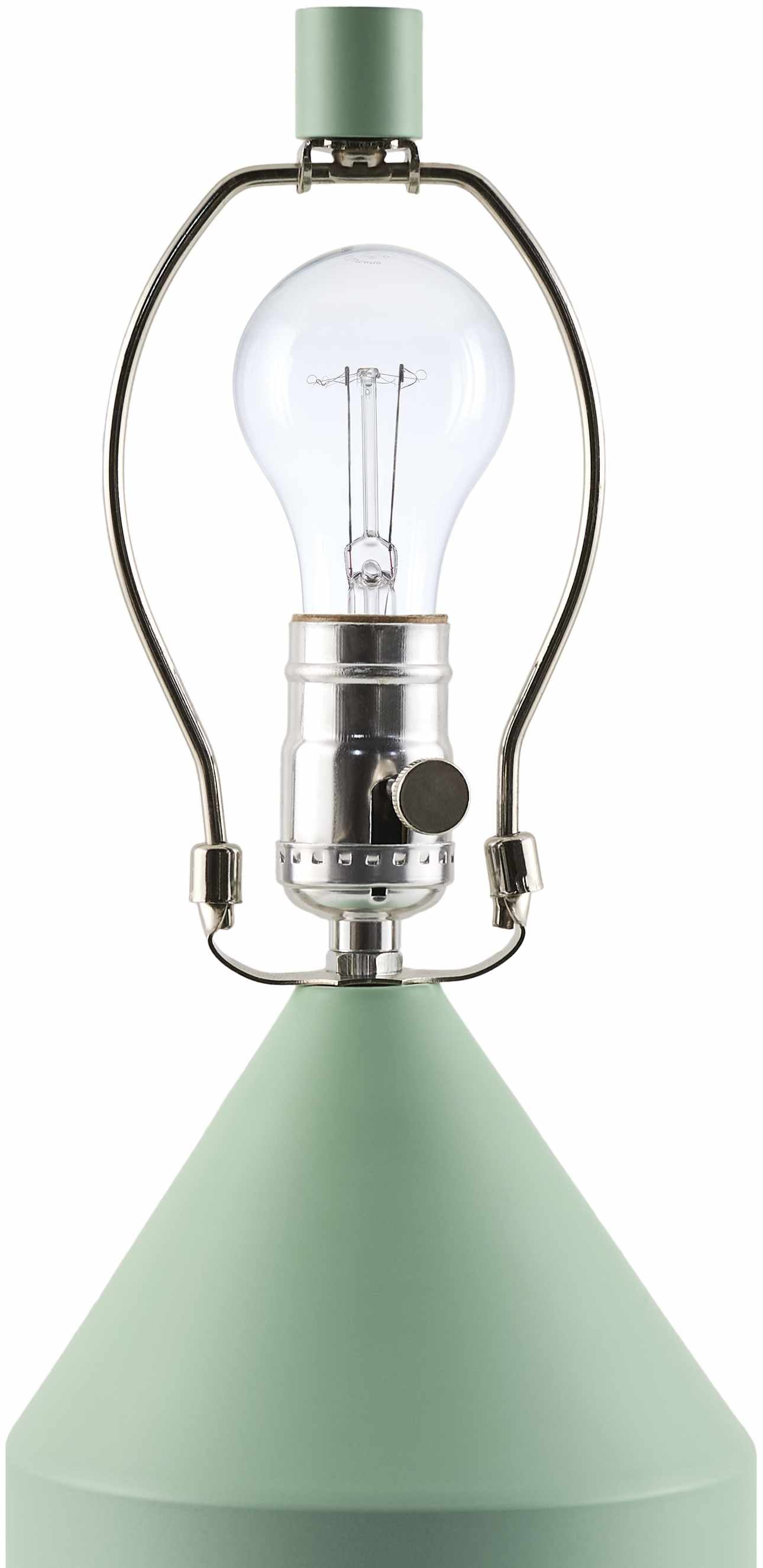 Green metal shade table lamp with E-26 bulb socket on a white background close-up detailed look of the bulb