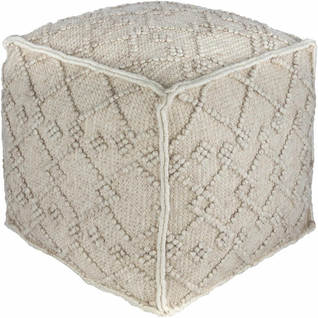 Modern Hand Woven Wool Pouf cube-shaped on a white background