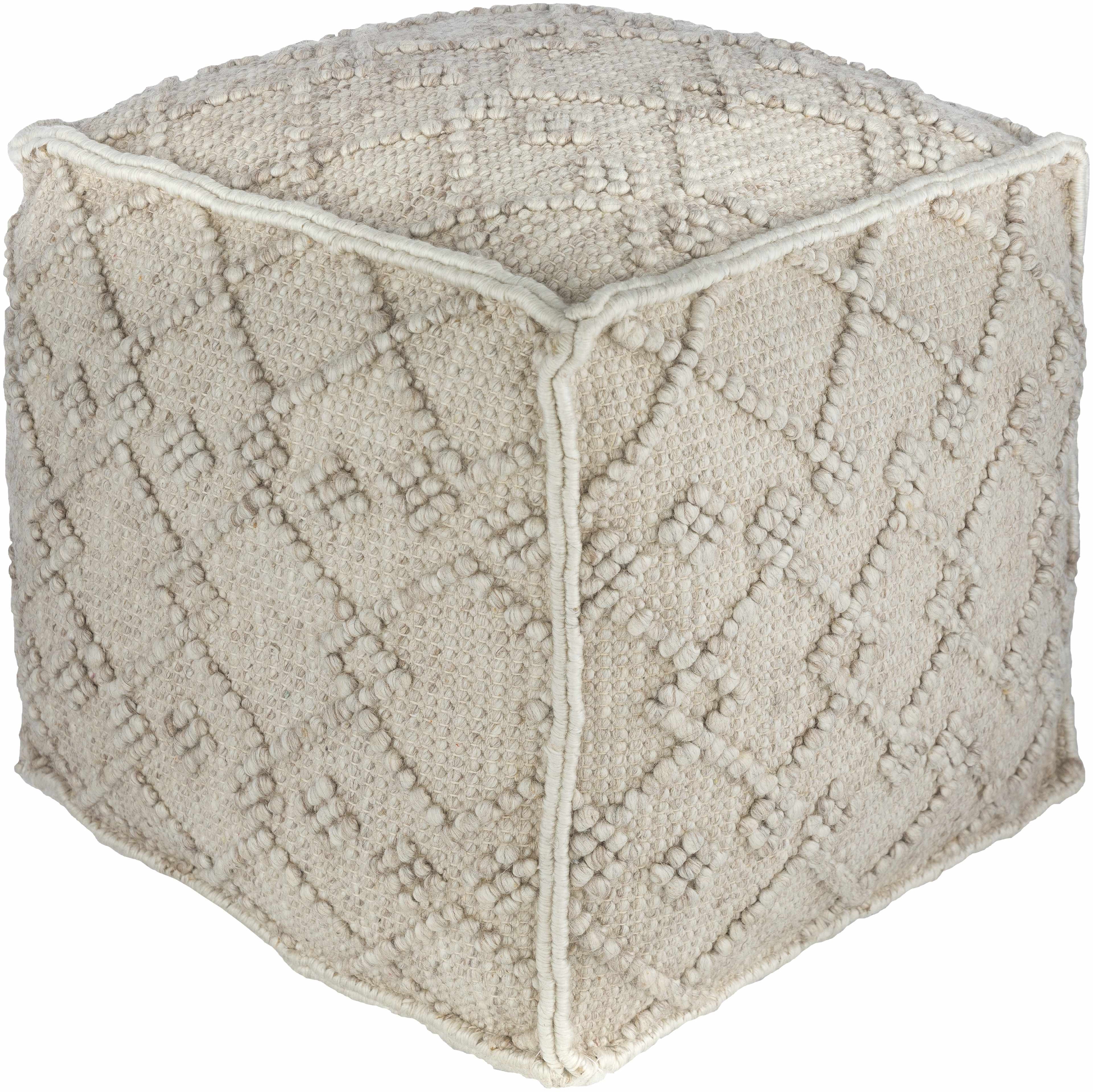 Modern Hand Woven Wool Pouf cube-shaped on a white background