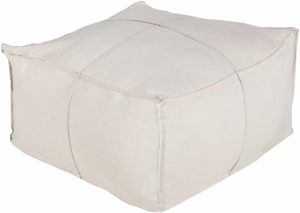 Ivory woven pouf made of linen and cotton with rectangular shape on a white background