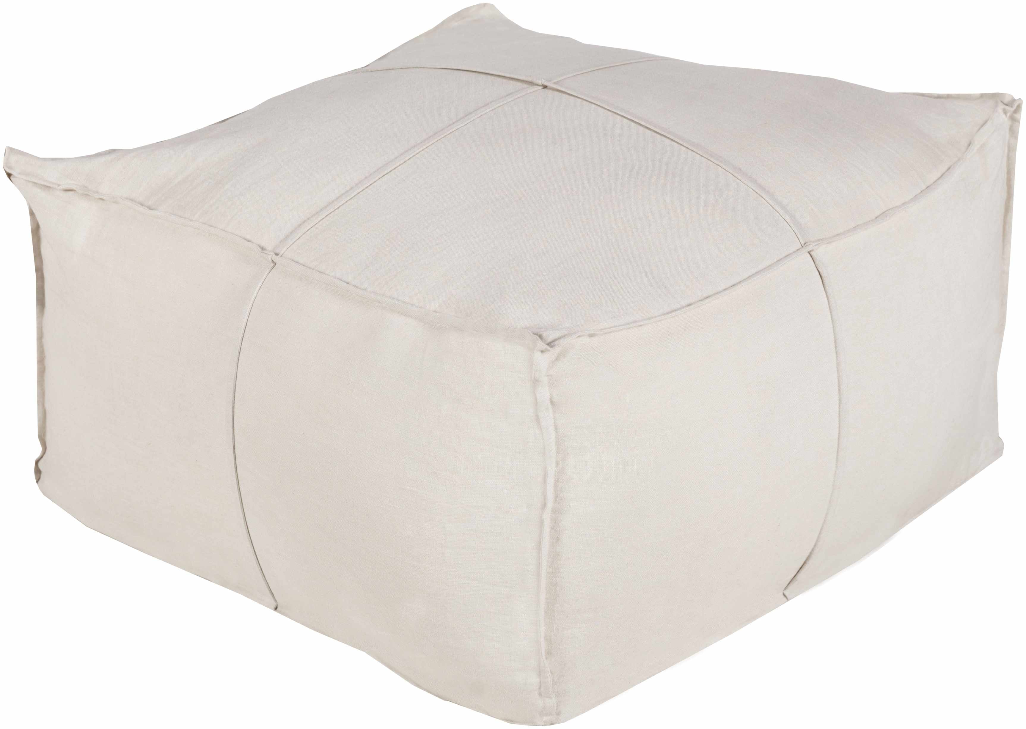 Ivory woven pouf made of linen and cotton with rectangular shape on a white background