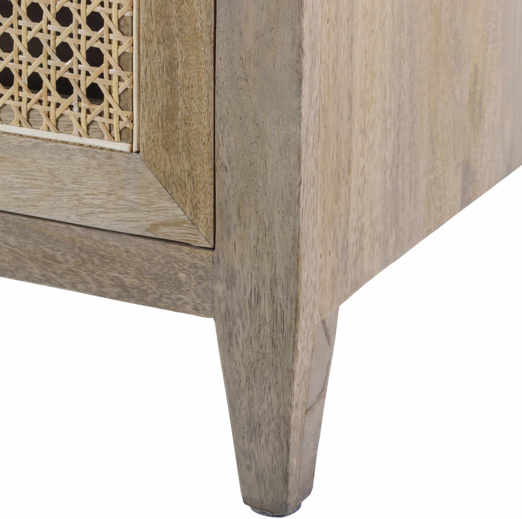 Mango wood modern cabinet with lattice design on a white background