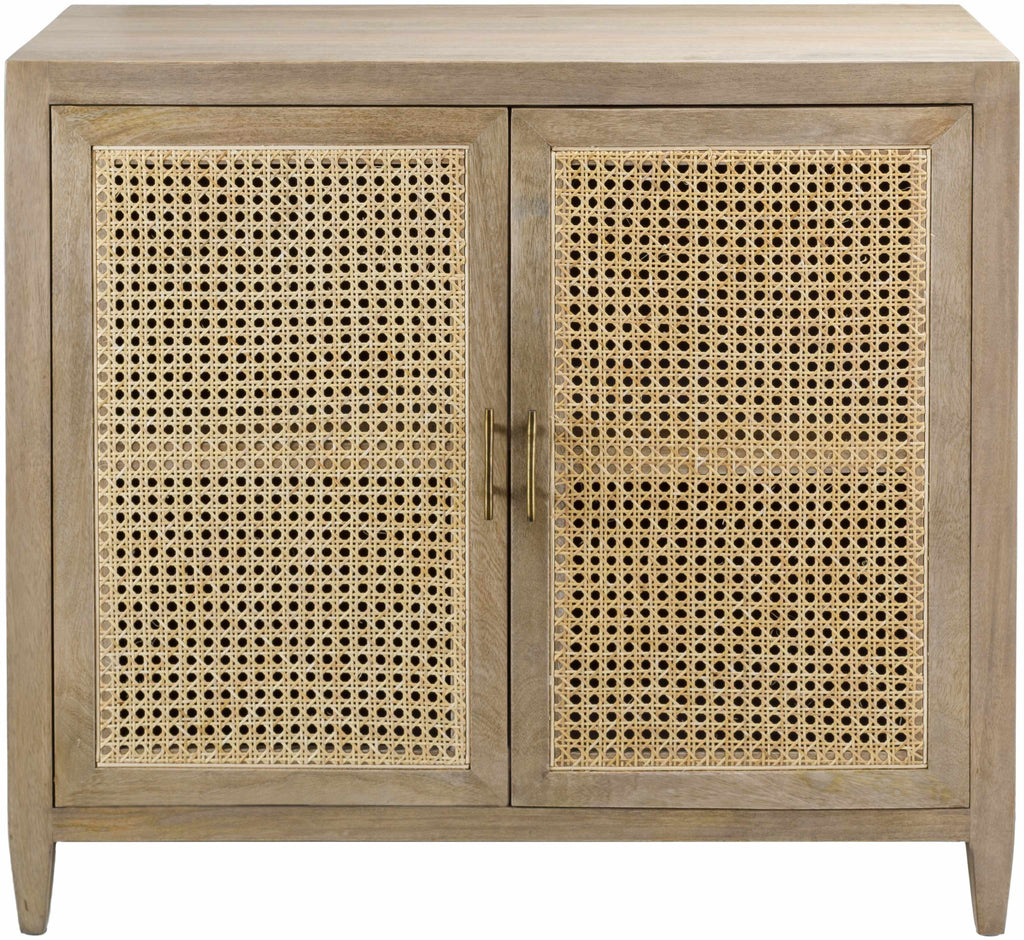 Mango wood modern cabinet with rattan door panels on a white background