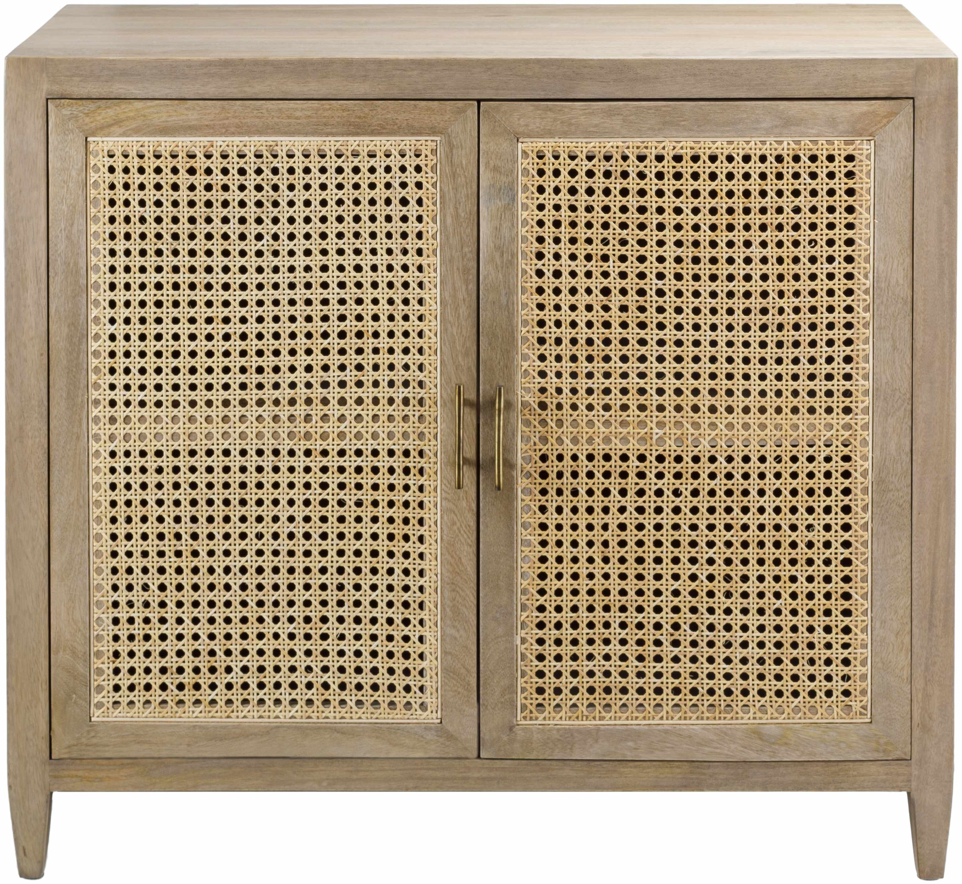 Mango wood modern cabinet with rattan door panels on a white background