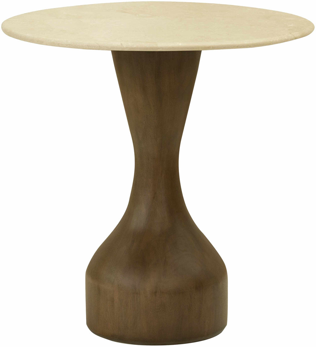 Contemporary minimalist side table with natural mango wood base and marble top modern end table