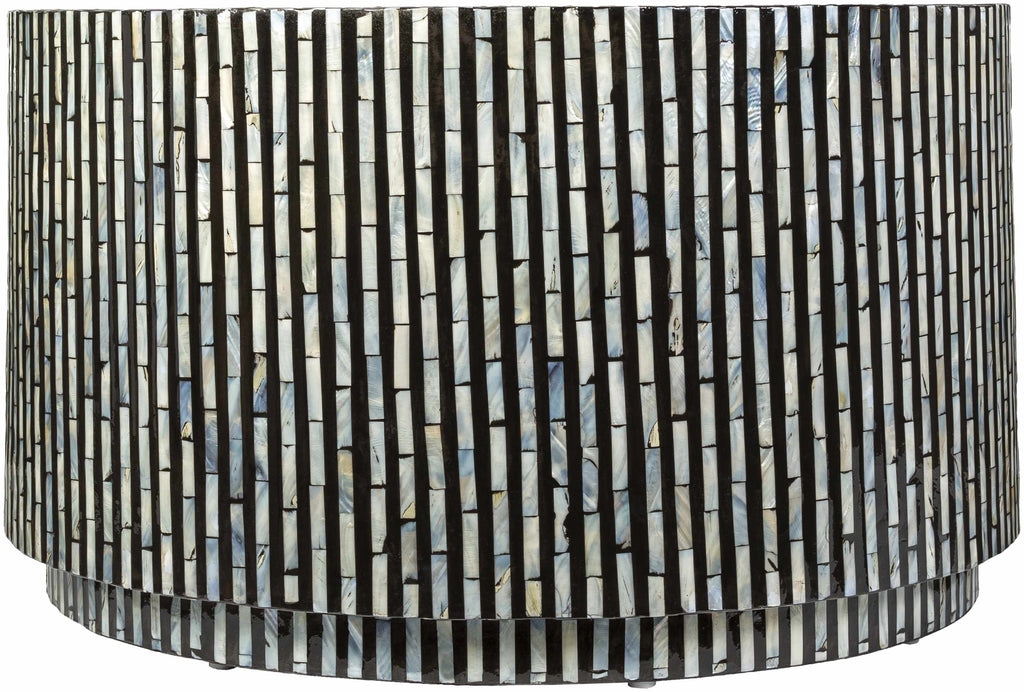 Round contemporary coffee table with black and white striped pattern closer look