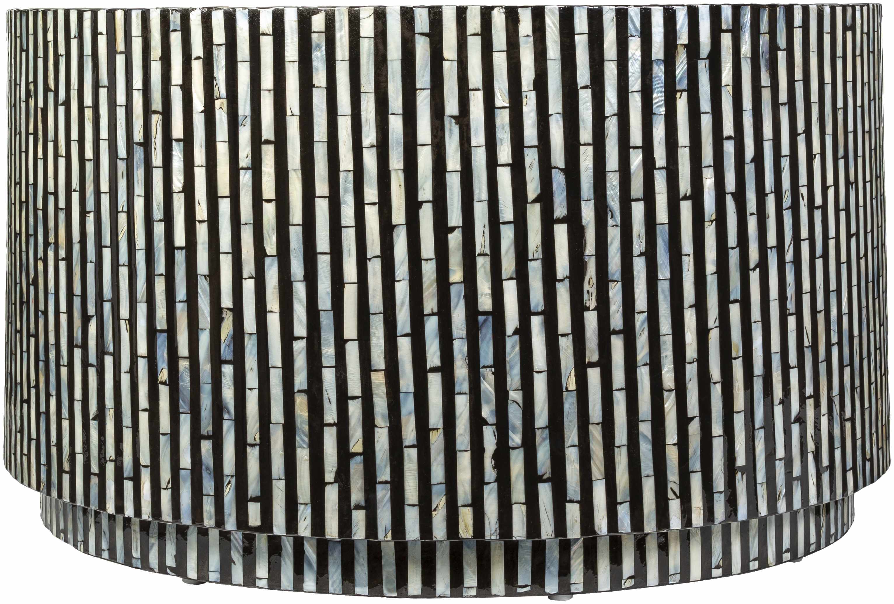 Round contemporary coffee table with black and white striped pattern closer look