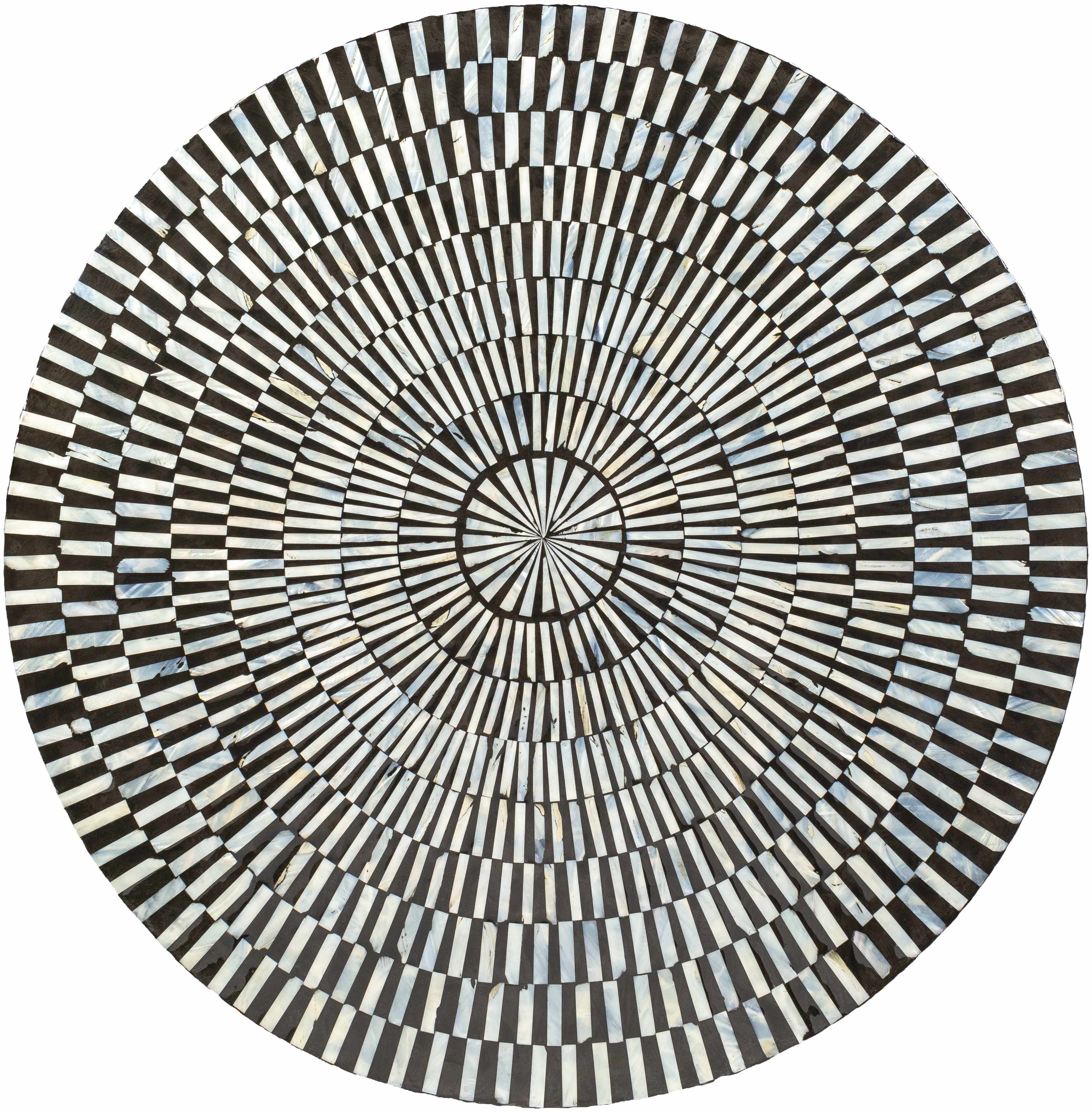 Round contemporary coffee table with black and white striped pattern from above