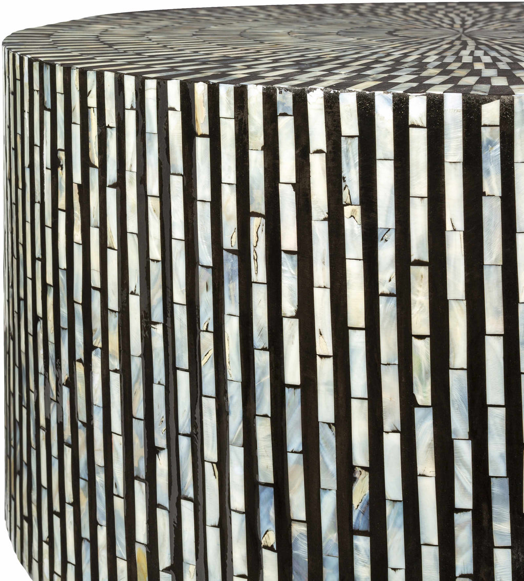 Round contemporary coffee table with black and white striped pattern closer look