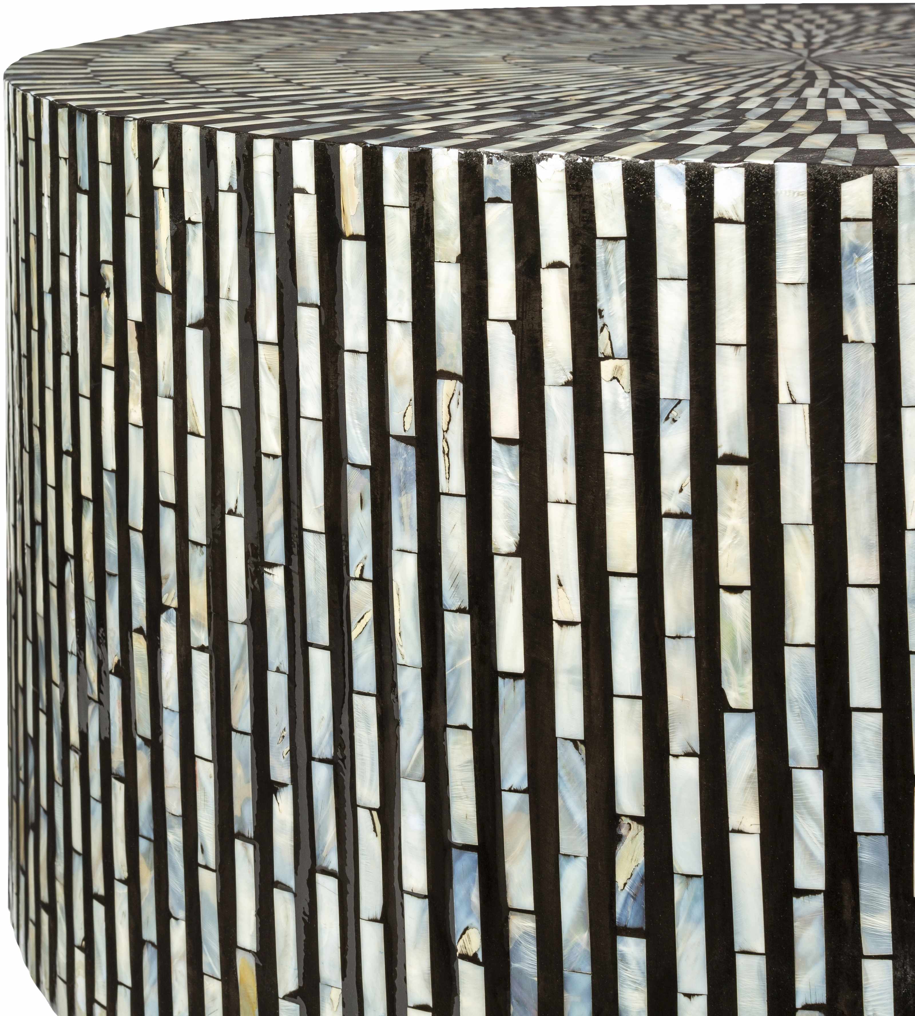 Round contemporary coffee table with black and white striped pattern closer look