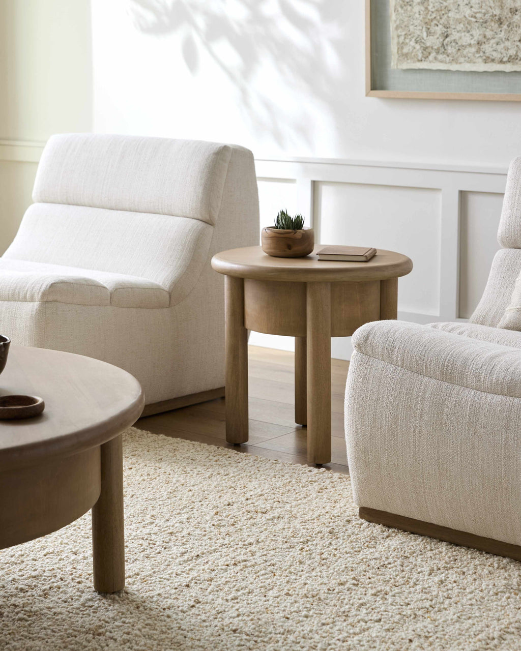 Contemporary side table crafted from solid mango wood Minimalist neutral-toned end table for modern and cozy interiors Natural wood accent table in warm beige tone for living room décor in a living room