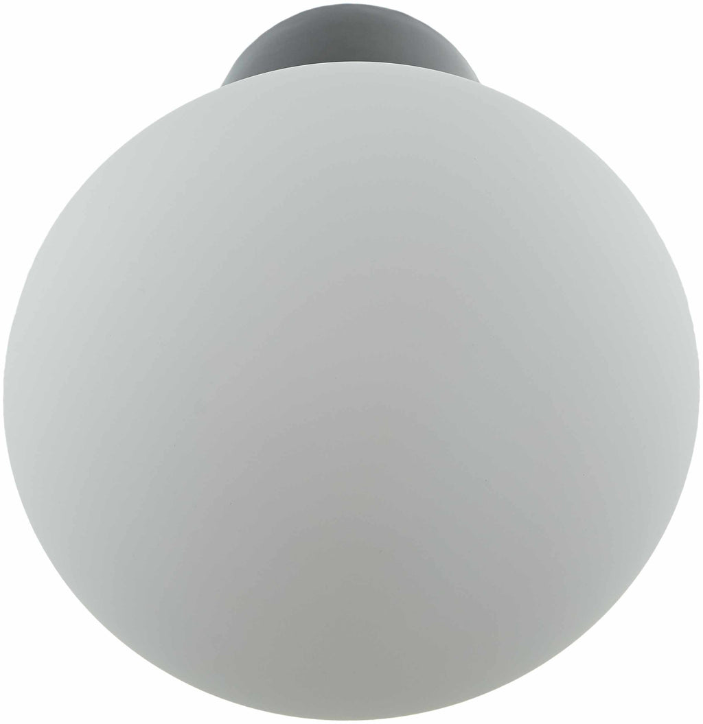 Spherical light fixture with a white glass shade and black metal fixture on a white background
