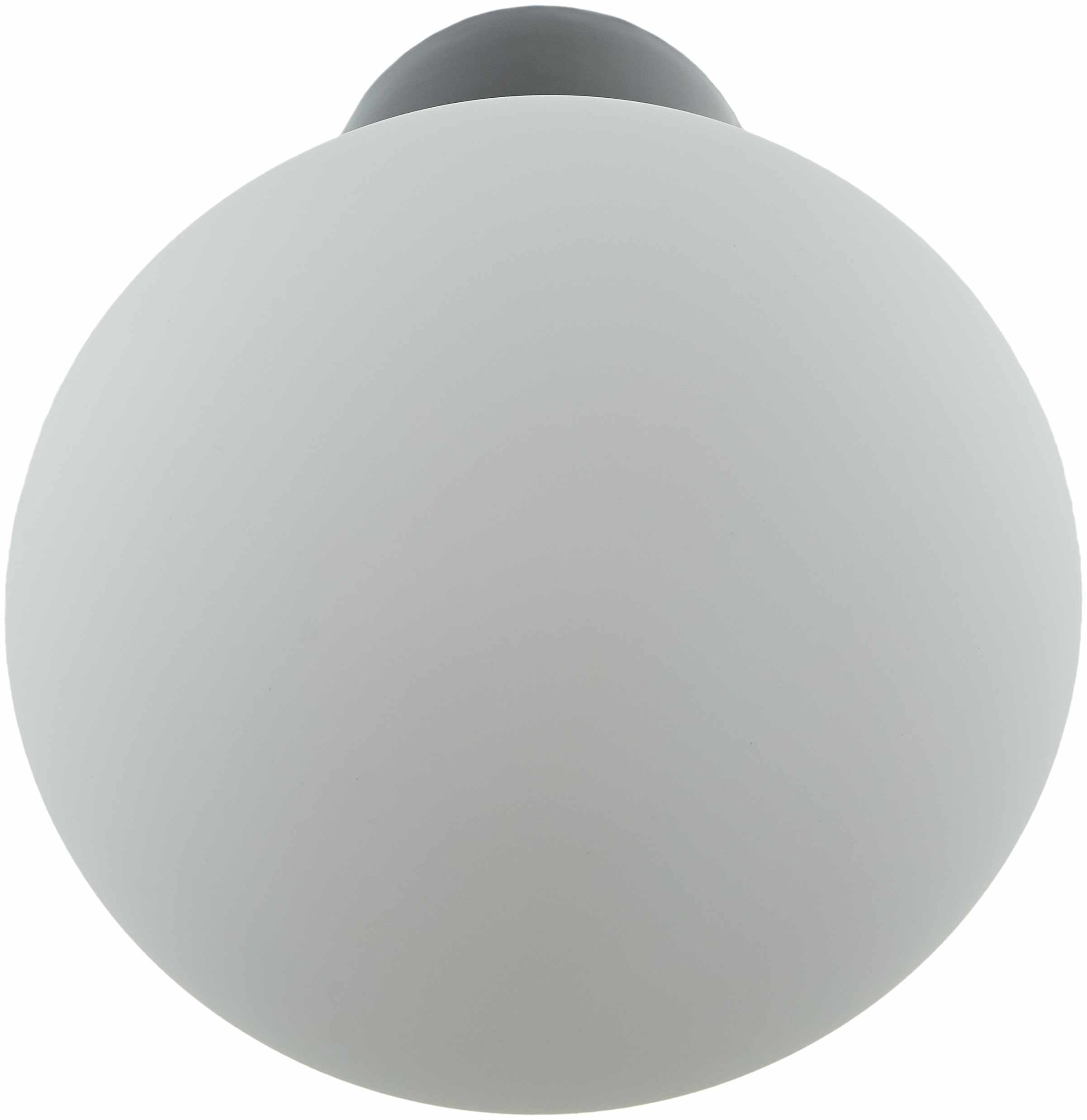 Spherical light fixture with a white glass shade and black metal fixture on a white background
