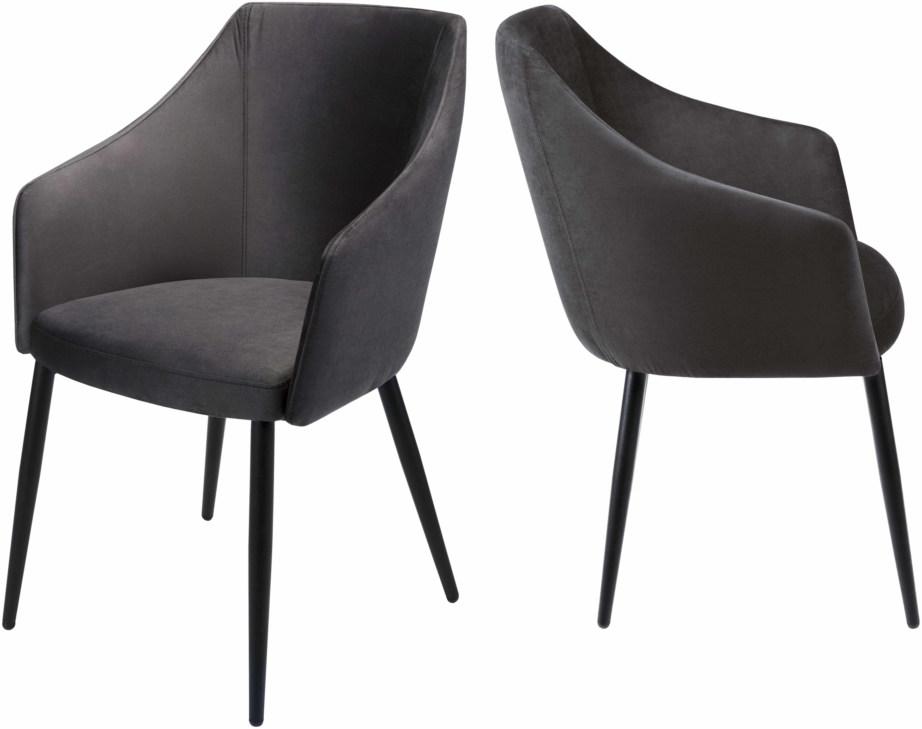 Two dark gray chairs with black legs on a white background