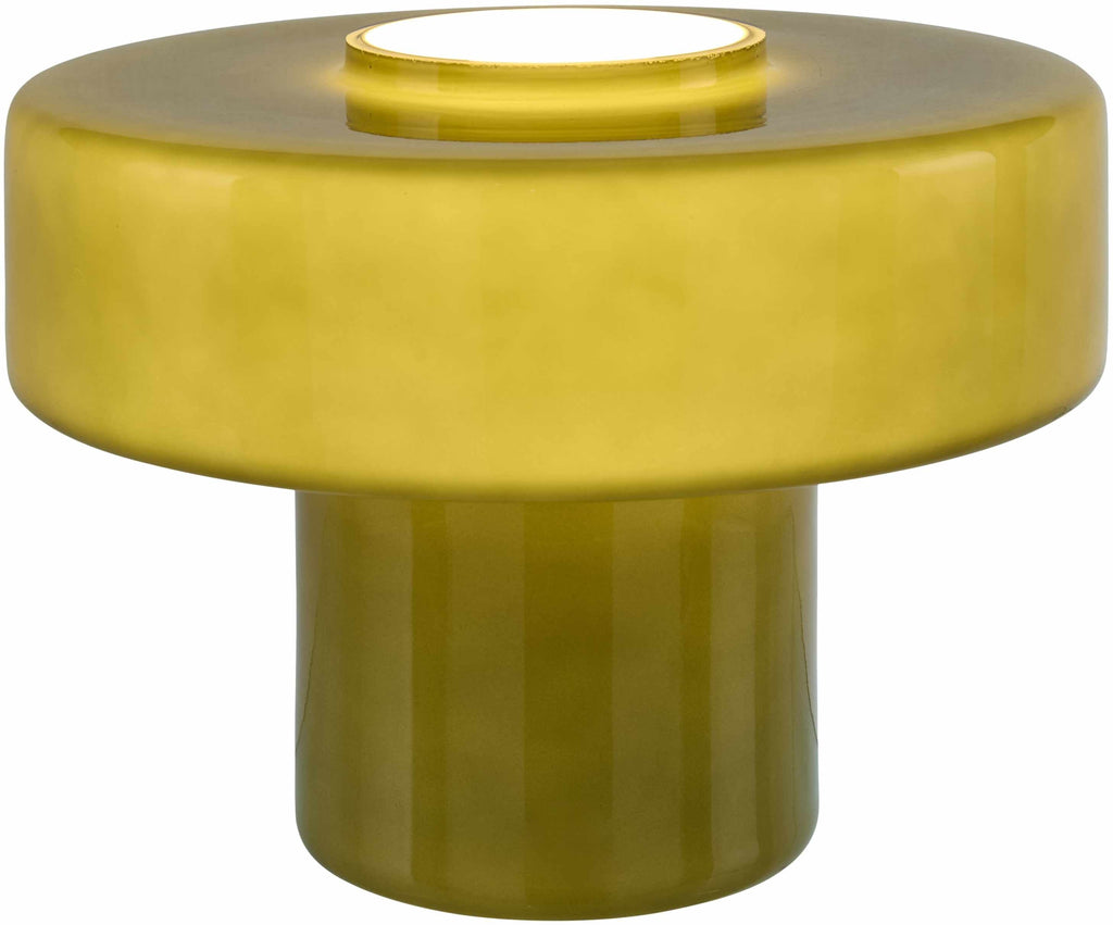 Yellow cylindrical contemporary accent lamp on a white background