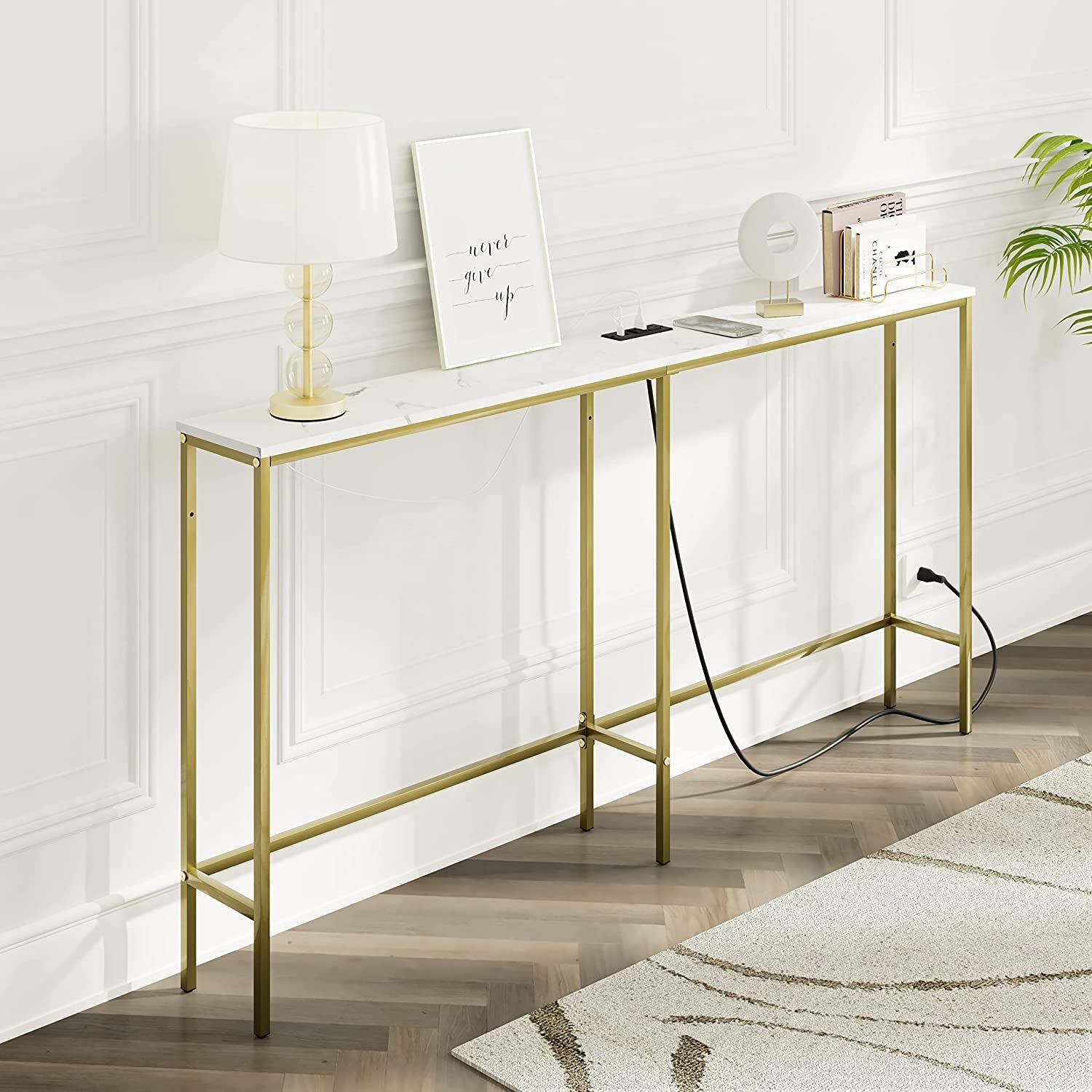 Gold Frame Console Table With Power Outlet And USB Ports