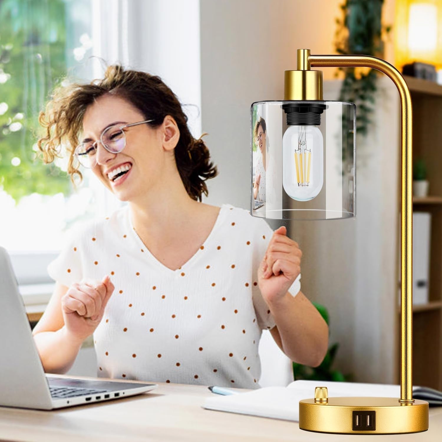 Set of 2 Gold Industrial Table Lamps – Dimmable With Dual USB Ports