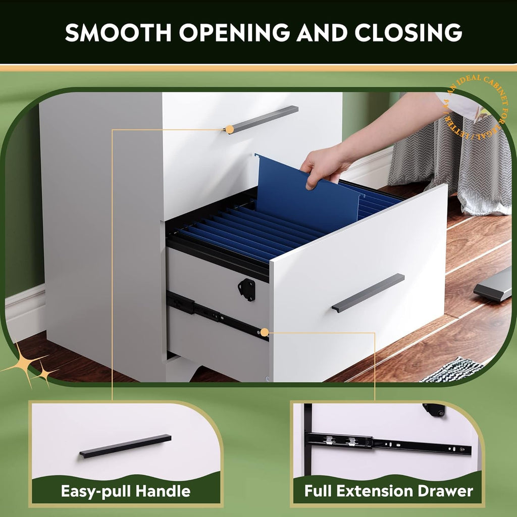 2 Drawer White Wood Lateral File Cabinet With Lock For Office Or Home