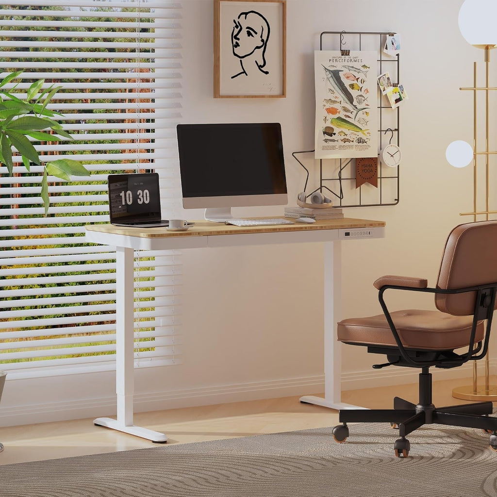 Electric Standing Desk USB Ports And Drawer Bamboo White