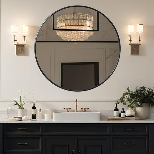 39 Inch Black Metal Framed Round Bathrrom Mirror for Wall